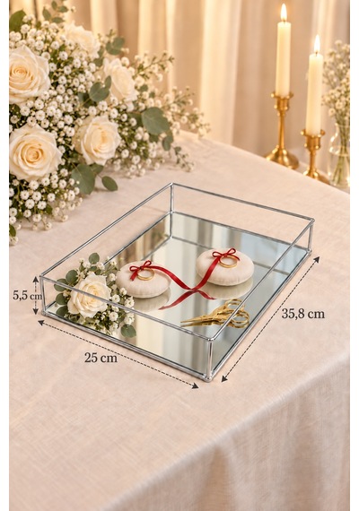 Edora Home Parlak Silver Büyük Boy Aynalı Söz Nişan Tepsisi, Damat Kahvesi Ve Dekoratif Sunum Tepsisi Çok Renkli