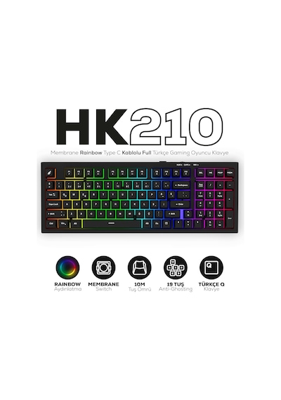 Hk210 Membrane Rainbow Type C Kablolu Full Türkçe Gaming Klavye Siyah