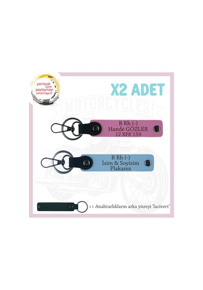 Hız Tutkunlarına, İsim Plaka Ve B Rh - Kan Grubu Yazılı X2 Anahtarlık, Hediyelik, Mavi-pembe-laci