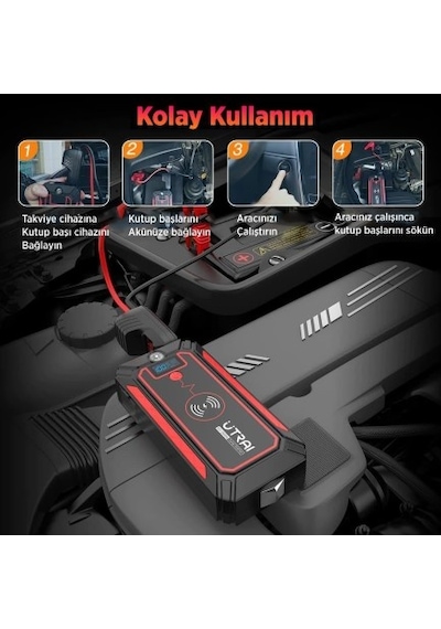 Utrai Jstar 4 24000mAh 2500A Jump Starter Taşınabilir Akü Takviye Cihazı (Kablosuz Şarj + Pusula + Çanta + Led Lamba + Powerbank)