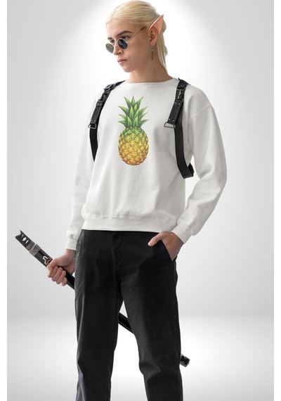 Ananas Meyve Unisex Beyaz Baskılı Sweatshirt Beyaz