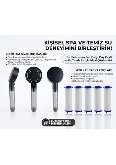 5 Fonksiyonlu Arıtmalı Duş Başlığı Seti - 5 Adet Yedek Filtre Kartuşlu Kireç Ve Tortu Önleyici Spa Duş Seti Füme - Siyah