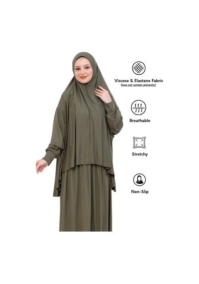 Modish Group İki Parça Namaz Elbisesi Uzun Pamuklu Tesettür Giyim Abaya & Başörtüsü Set Haki