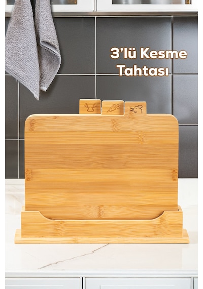 Porsima 16668 Piero Bambu 3'lü Standlı Kesme Tahtası Kesim Panosu