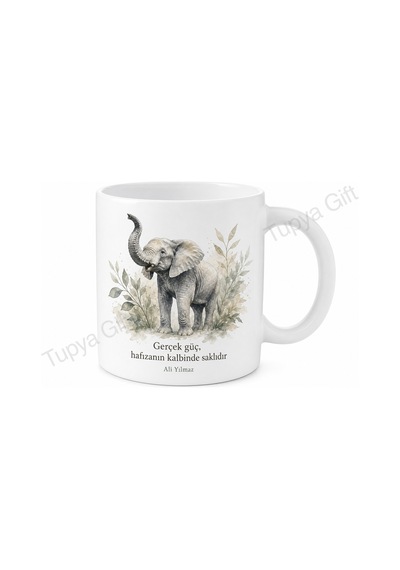 Fil Temalı Baskılı Kupa Bardak Hediye Özel Tasarım Porselen Mug Beyaz / Çok Renkli