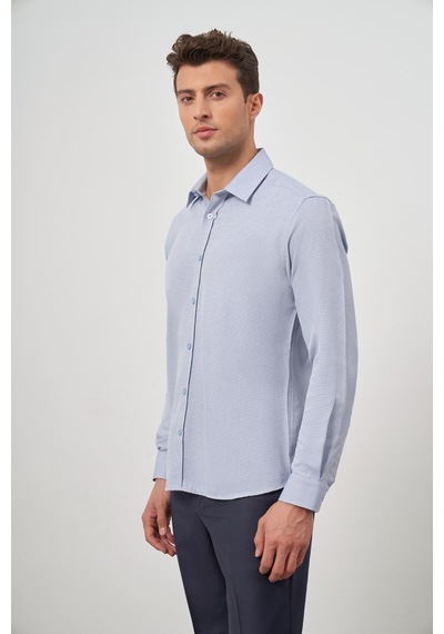İmza Koyu Mavi Uzun Kol Kendinden Desenli Armürlü Sert Yaka Cepsiz Pamuklu Classic Slim Fit Gömlek 1004245161 Koyu Mavi