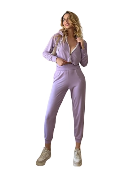 Penyebizden Kadın Viskon Kapşonlu Oversize Crop Sweatshirt-lila