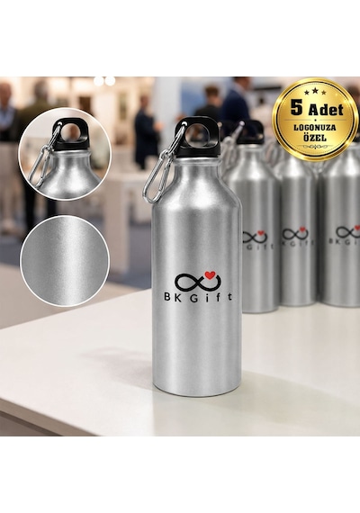 Logonuza Özel 5 Adet Kancalı Spor Su Matarası 600 Ml Alüminyum Kurumsal Matara Gümüş