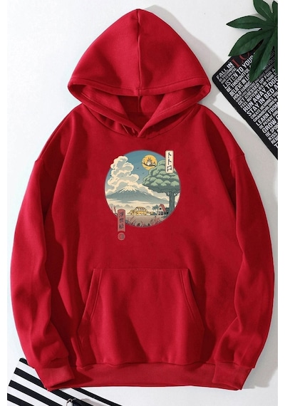 Uyguntarz Unisex Neighbor's Ukiyo E Baskılı Sweatshirt Kırmızı