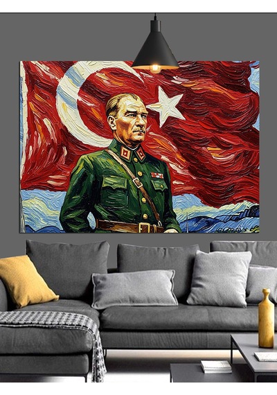 Atatürk Bayrak Portre Dekoratif Kanvas - Mdf Ahşap Tablo