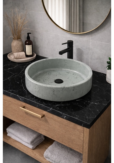 Mermer Desenli Tezgah Üstü Yuvarlak Çanak Taş Lavabo 45 Cm Gri
