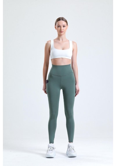Thıff Gymwear Yeşil Yüksek Bel Push-up Çift Cepli Bilek Hizasında Spor Tayt