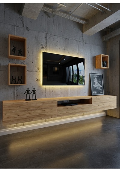 Resital Duvara Monte Ledli 270 Cm Tv Ünitesi Duvar Raflı - Ll6027 Atlantik Çam