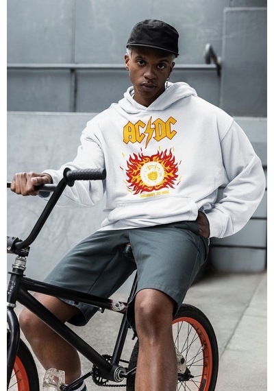 Sevbano Ac Dc Highway To Hell Baskılı Unisex Oversize Rock Metal Hoodie Beyaz