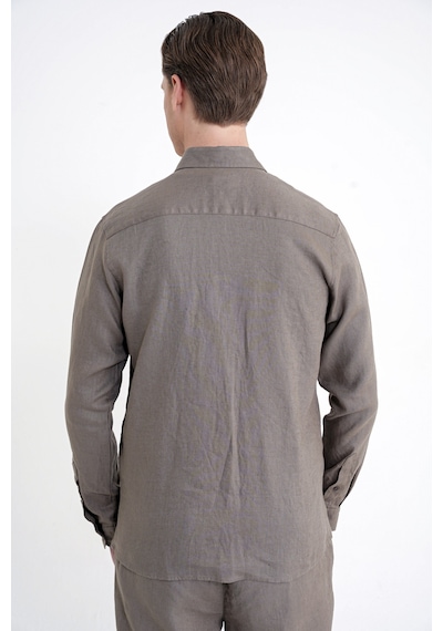 Comfort Fit Yan Cepli %100 Keten Haki Gömlek Ceket G 1602