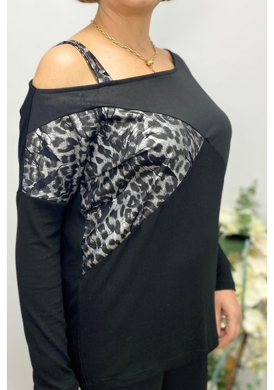 Mia Butik Büyük Beden Siyah Tek Omuz Leopar Detaylı Bluz-1582 Gri
