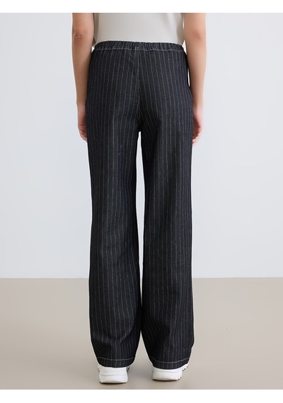 Lcw Eco Siyah Beli Lastikli Çizgili Wideleg Kadın Jean Pantolon