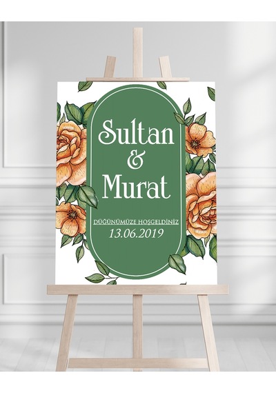 Söz Nişan Düğün İçin 50x70 Karşılama Panosu - Renkli Çiçek Ve Yeşil Desenli Beyaz