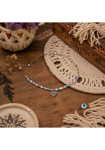 Heart Charm Beaded Stainless Steel Anklet Kalp Detaylı Boncuklu Çelik Halhal Çok Renkli