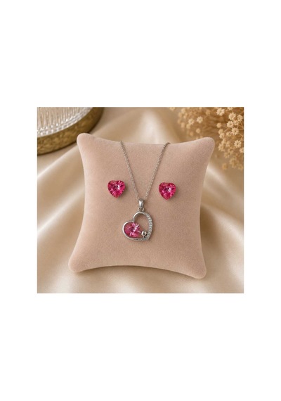 Kalp Figürlü Pembe Taşlı Kolye Ve Küpe Takımı Gümüş - 889883308 Gümüş