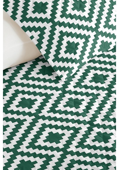 Yeşil Geometrik Genç Odası Tek Kişilik Pike Takımı - Modern Beyaz 160x220 Cm Kapitone Yatak Örtüsü Kavrulmuş Eşik Sarmalı