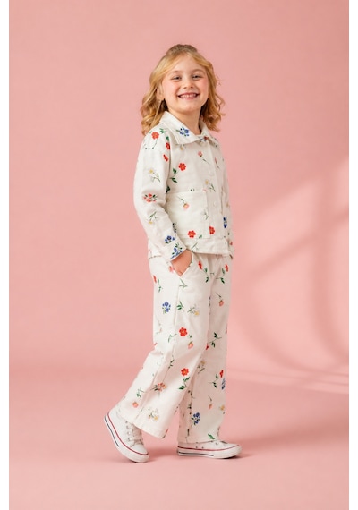 Eray Alp Kids Kız Çocuk Çiçek Baskılı Ceket Pantolon Takımı Günlük Rahat Kombin Beyaz