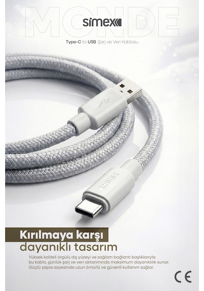 Simex 66w Usb To Type-c Süper Hızlı Şarj Kablosu - Samsung, Huawei, Honor, Vivo, Uyumlu Gri, 1 Metre