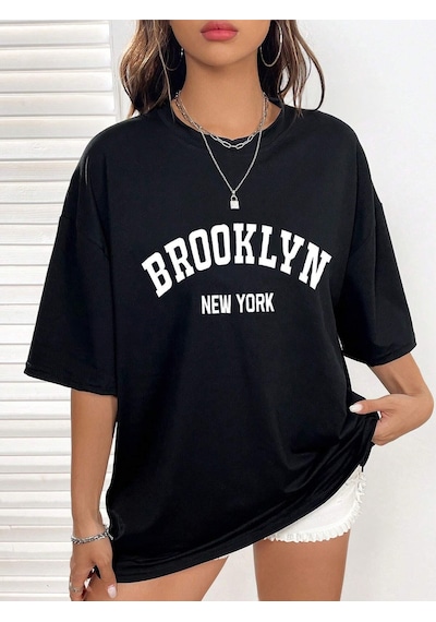 Brooklyn New York T-shirt - Siyah Baskılı Oversize Bisiklet Yaka Kısa Kol Tişört Siyah