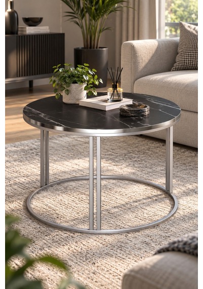 Sulorahome Siyah Mermer Desenli Yuvarlak Orta Sehpa 70 Cm