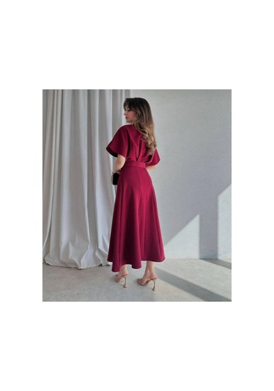 Meecy Maxi Siyah Kemerli Elbise Bordo Bordo