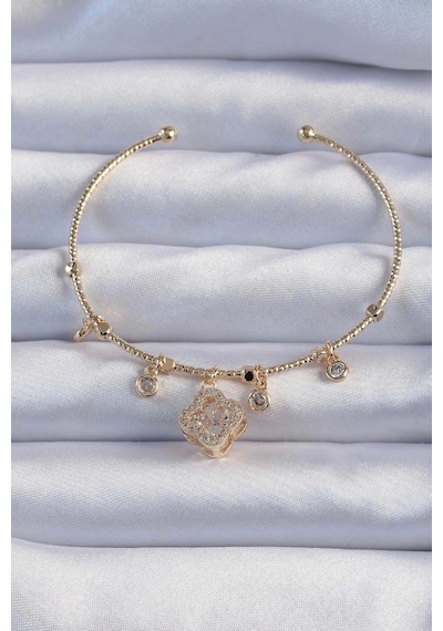 Pirinç Altın Renk Zirkon Taşlı Yonca Model Charm Bileklik