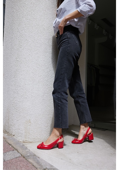 Dorado Kadın Nude Cilt Slingback Kalin Topuklu Ayakkabi Kırmızı