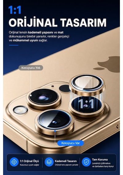 Apple iPhone Uyumlu  14 Pro / 14 Promax Altın Metal Kamera Lens Koruyucu Safir Cam Ultra Net Hd