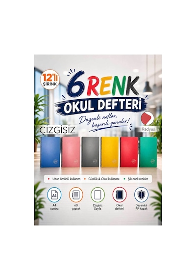 Contra Pp Kapak Spiralli 60 Yaprak A4 Çizgsiz 12 Adet Defter Çok Renkli