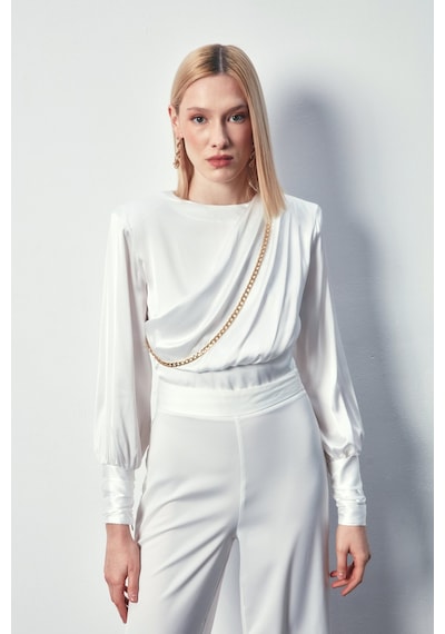 Sateen Ön Zincirli Saten Bluz - Ekru