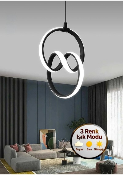 Firenze Model Gümüş 3 Renk Işık Modu Şık Sarkıt Oturma Odası Çocuk Odası Koridor Led Avize Siyah