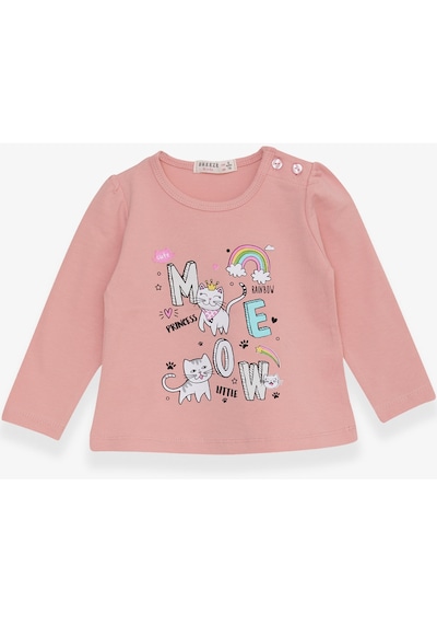 Breeze Kız Bebek Uzun Kollu Tişört Kedicik Baskılı 9 Ay-3 Yaş, Somon Somon