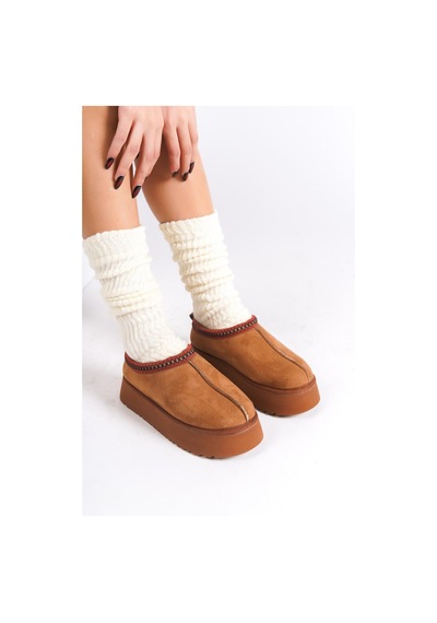 Asmi Shoes Kadın Rose İçi Tüylü Düz Taban Ayakkabı - Yarım Bot Taba Taba
