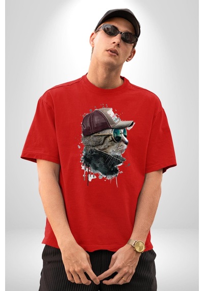 Pilot Çeketli Deri Şapkalı Cool Kedi Pamuklu Bisiklet Yaka Unisex Oversize Boyfriend Dijital Baskılı Kırmızı T-shirt Kırmızı