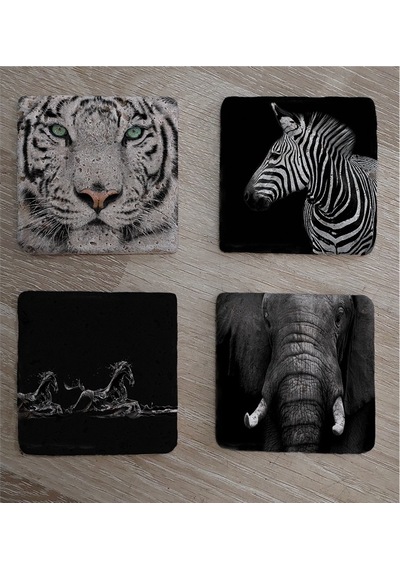 Siyah Beyaz Fil At Kaplan Zebra Doğal Taş Bardak Altlığı 4'lü Set - Natural Stone Coasters - Taş Beyaz - Siyah