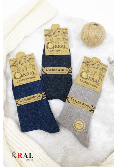 Kral Socks Erkek Çorabı Lambswoll 3 Adet Termal Özellikli Kalın Uzun Çorap Asorti