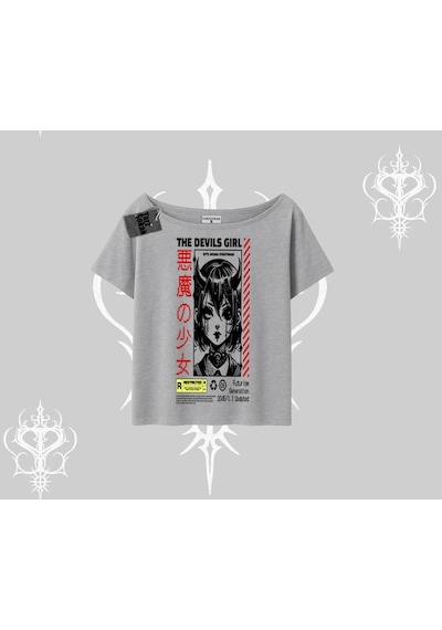 Tarzsokak Kayık Yaka Tshirt Anime Devils Girl Japanese Style Baskılı Gri