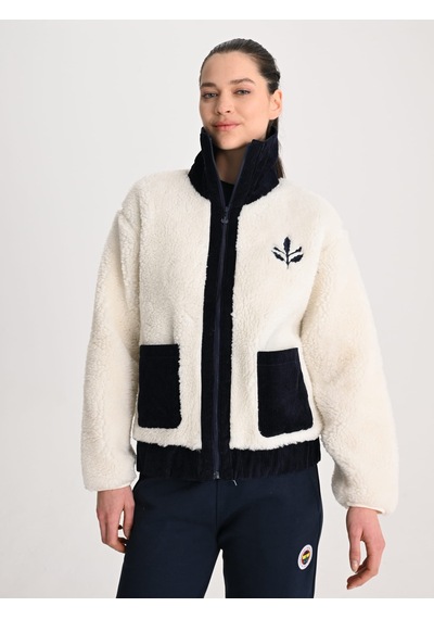 Fenerbahçe Ekru Trend Kadife Detaylı Peluş Kadın Oversize Sweatshirt