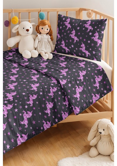 Evimde Bambaşka Unicorn Yıldızlı Antrasit Kız Çocuk Pike Takımı - Pembe Mor Bebek Odası Yatak Örtüsü - 160x220  CM