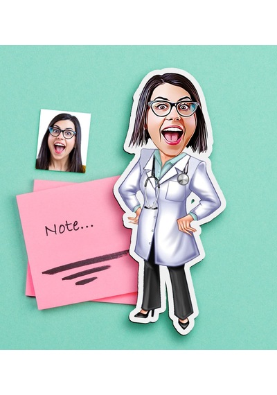 Kişiye Özel Bayan Doktor Karikatürlü Ahşap Magnet-1 Çok Renkli