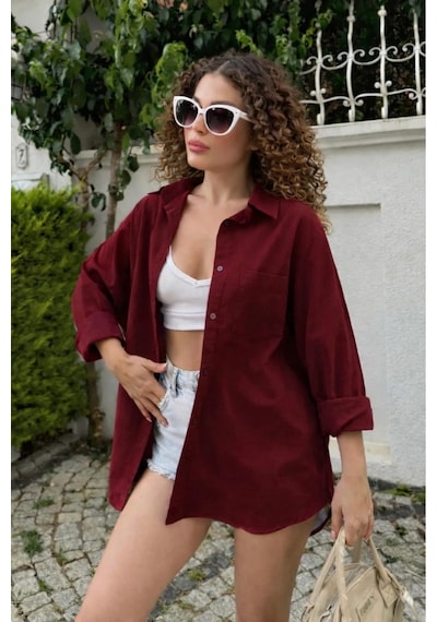 Rouge Basıc Oversize Keten Dokulu %100 Pamuk Salaş Gömlek Bordo