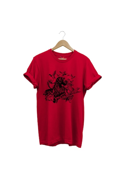 Avcılık Hunter Drahthaar Av Köpeği Ve Keklik Ördek Çulluk Baskılı Regular Fit %100 Pamuk T-shirt Kırmızı
