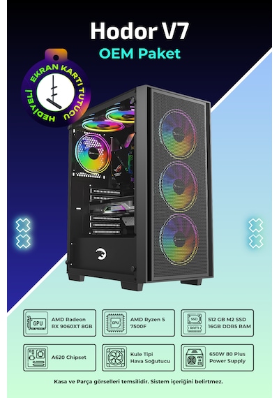 IH Hodor V7 R5-7500F 16 GB 512 GB SSD 8 GB RX9060XT FreeDos Masaüstü Oyuncu Bilgisayarı