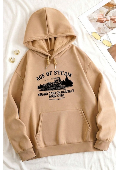 Uyguntarz Unisex Age Of Steam Baskılı Oversize Sweatshirt Bej