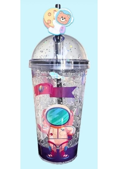 Pipetli Bardak Matara Sevimli Suluk 450 Ml Çift Astronot Figürlü Mor
